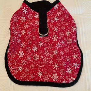 Red w/white snowflakes and black fleece lined dog harness/coat S/M